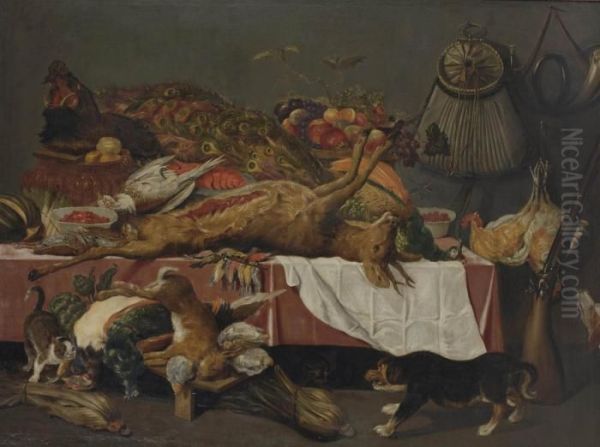 A Roebuck, A Peacock, A Boar's 
Head, Hare, A Partridge And Other Birds With Apples, Apricots, Grapes 
And Other Fruit In A Basket And Berries In Bowls, All On A Draped Table 
With Two Dogs And Two Cats And Hunting Paraphernalia Oil Painting by Frans Snyders