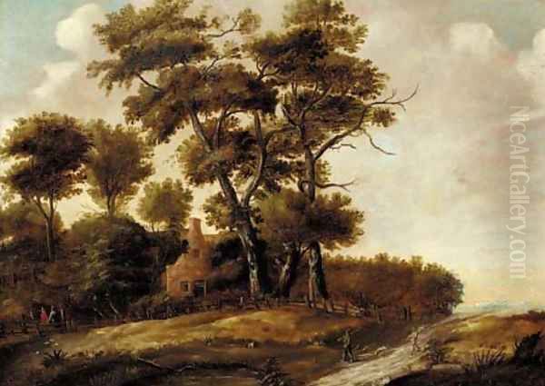 A wooded landscape with hunters and their dogs on a path, a house beyond Oil Painting by Claes Jansz. Van Der Willigen