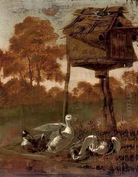 Ducks by a stream with a dovecote Oil Painting by Dirck Wijntrack