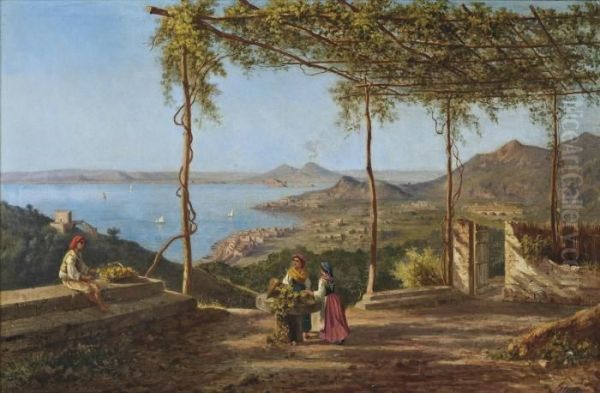 Grape Pickers Above Sorrento, Vesuvius Beyond Oil Painting by Achille Solari