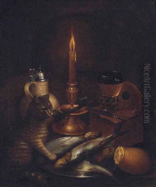 A cat pawing fish on a pewter plate by a stoneware ewer, a knife, a roemer and a candle Oil Painting by Godfried Wedig