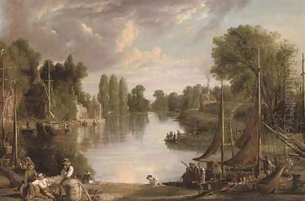 A river landscape at dusk, with figures unloading a barge in the foreground Oil Painting by James Webb