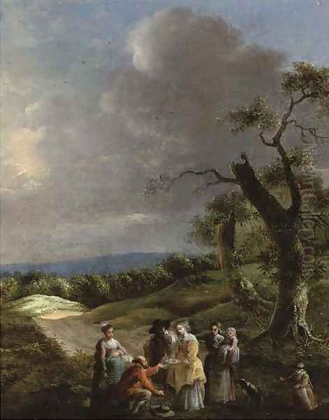 A wooded landscape with a man selling a dove to a lady on a path Oil Painting by Jan Baptist Wolfaerts