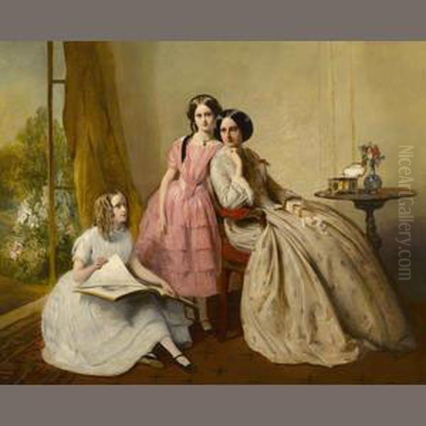 A Portrait Of Two Girls With Their Governess Oil Painting by Abraham Solomon