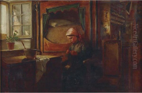 Girl Knitting Before An Open Window Oil Painting by Abraham Solomon