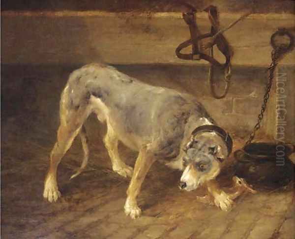 A tethered dog in a stable Oil Painting by Thomas Woodward