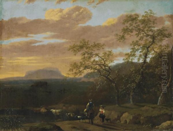 A Mountainous River Landscape With Peasants, Cows, Goats And Sheep Oil Painting by Jan Gabrielsz. Sonje