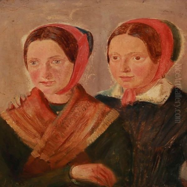 Two Girls In Folk Costumes Oil Painting by Jorgen Valentin Sonne