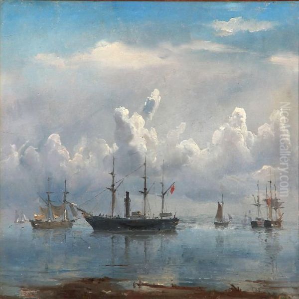 Seascape With Sailing Ships Oil Painting by C. F. Sorensen