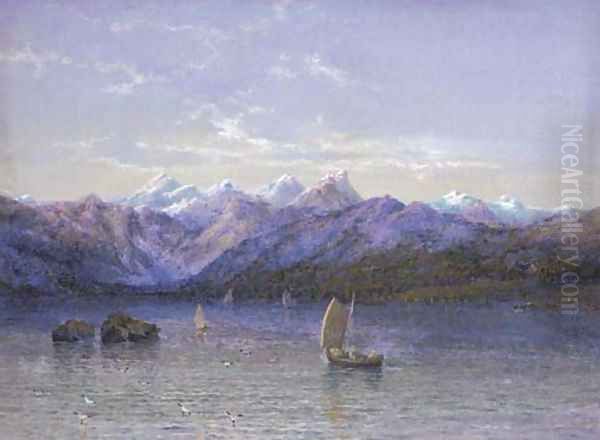 Midnight sun across the lake, Norway Oil Painting by Edgar E. West