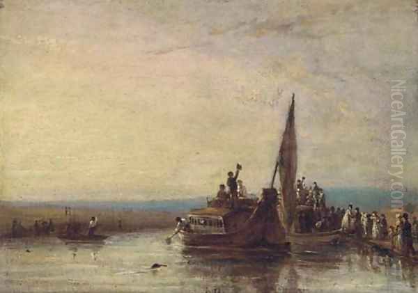 Figures boarding a ferry Oil Painting by William Frederick Witherington