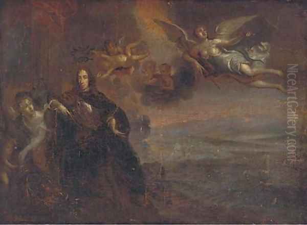 William of Orange landed by angels, a battlefield beyond Oil Painting by William Wissing or Wissmig