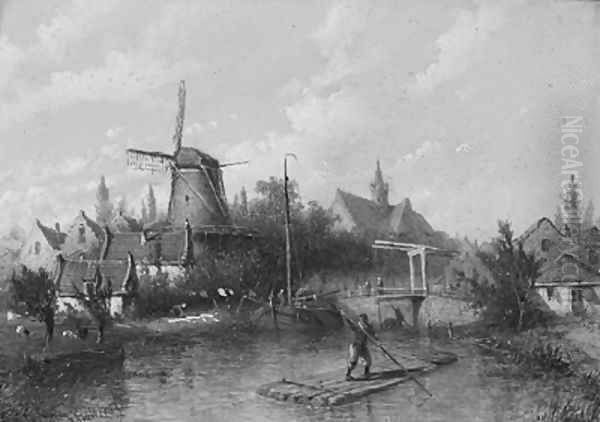 A canal in a town Oil Painting by Adrianus Petrus Hendrikus Wilbers