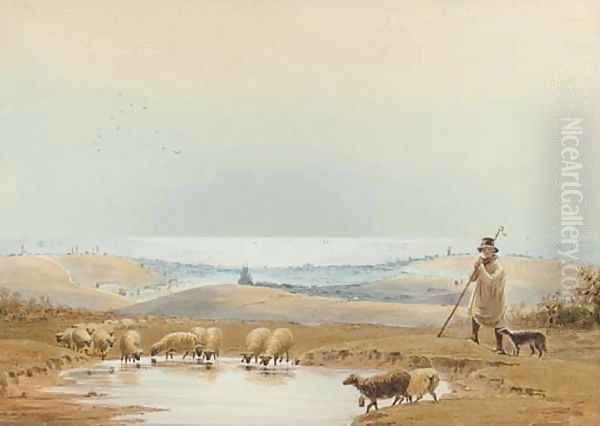 A shepherd and his flock on the South Downs above Brighton Oil Painting by Frederick William Woledge