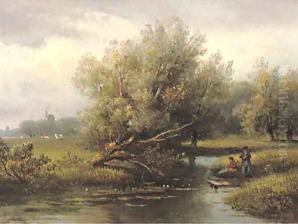 Anglers on a riverbank Oil Painting by Johannes Pieter Van Wisselingh