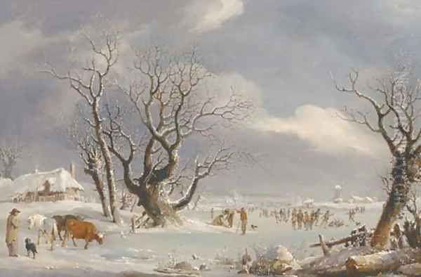 Skaters in a Dutch winter landscape Oil Painting by Johannes Pieter Van Wisselingh