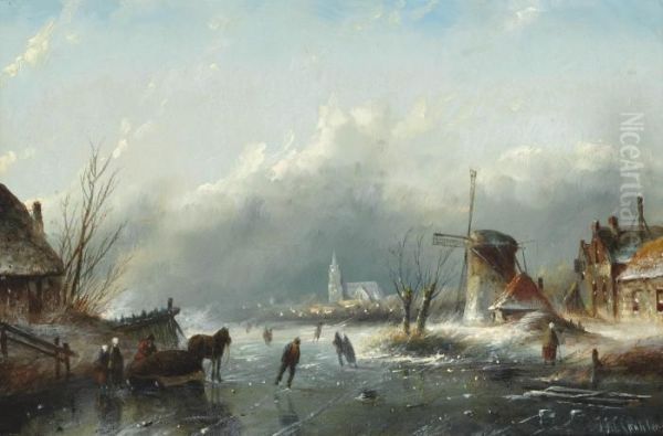 Skaters By A Windmill On A Dutch Waterway Oil Painting by Jan Jacob Coenraad Spohler