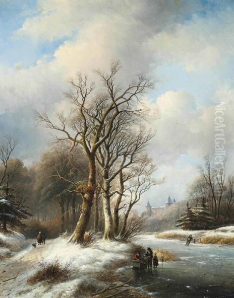 Figures On A Frozen Waterway, A Castle Beyond Oil Painting by Jan Jacob Coenraad Spohler