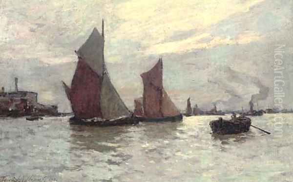 Barges on the Thames at dusk Oil Painting by Terrick John Williams