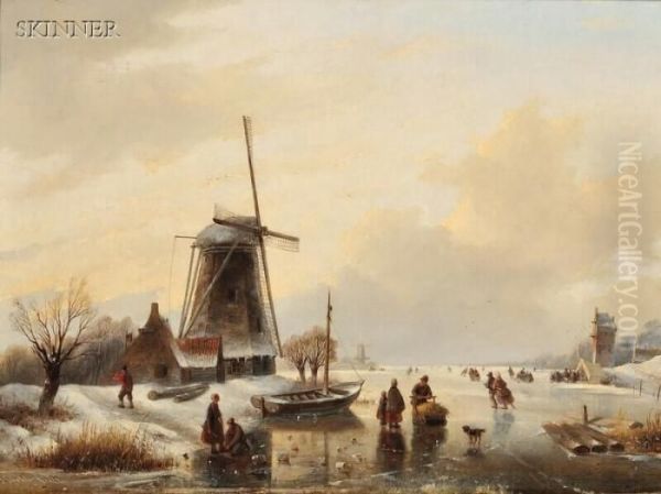 Skaters On A Frozen Pond Oil Painting by Jan Jacob Coenraad Spohler