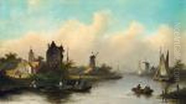 Flusslandschaft Mit Segelbooten Und Windmuhle Oil Painting by Jan Jacob Coenraad Spohler