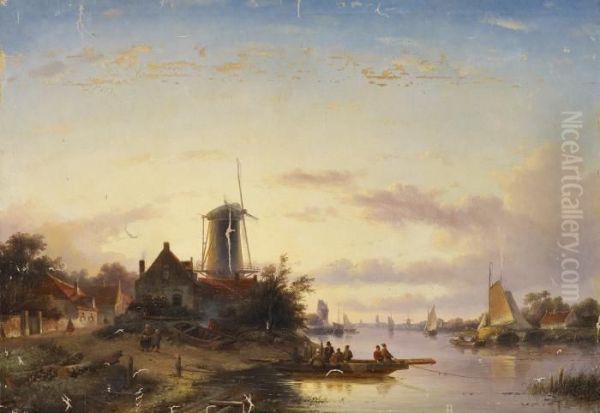 On The Scheldt. Figures On A Ferry Boat Before A Windmill Oil Painting by Jan Jacob Coenraad Spohler