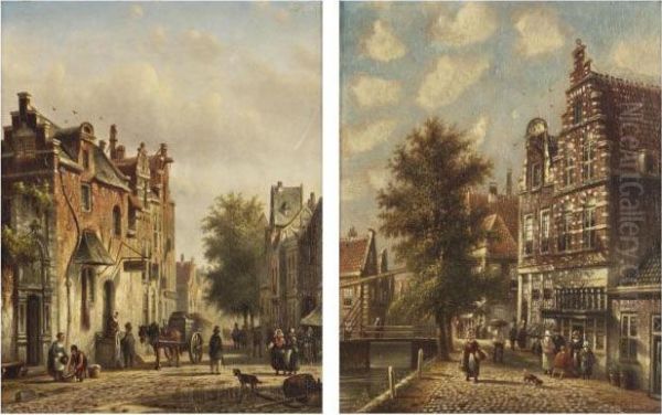 A Horse-drawn Cart In A Busy Sunlit Street Oil Painting by Johannes Franciscus Spohler