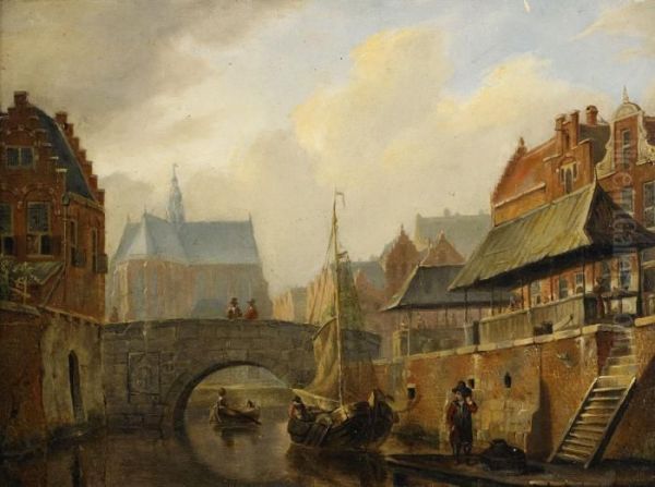 Hollandskt Kanalmotiv Oil Painting by Cornelis Springer