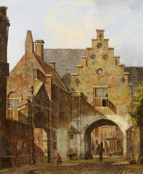 Dutch Street Scene Oil Painting by Cornelis Springer