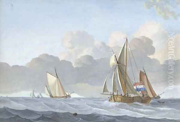 Sailing vessels in a stiff breeze, a village beyond Oil Painting by Jacobus Xavery