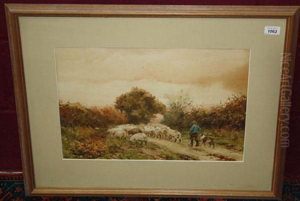 Shepherd With Sheep In Rural Lane Oil Painting by Walter Sydney Stacey