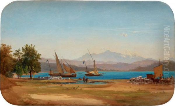 View From La Spezia Towards The Bay (shipping Of Carrarra Marble) Oil Painting by Joseph Magnus Stack