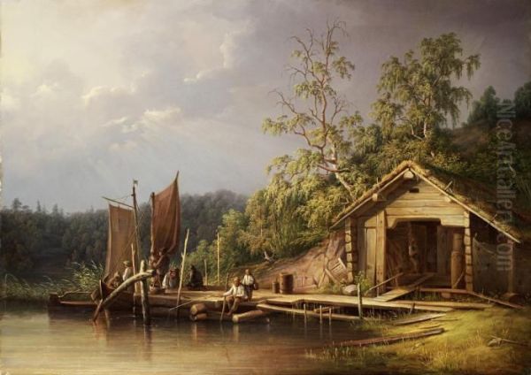 Landscape With Fishermen Oil Painting by Joseph Magnus Stack