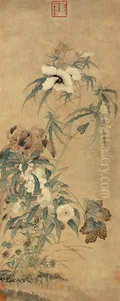 Hollyhocks Oil Painting by Emperor Xuande