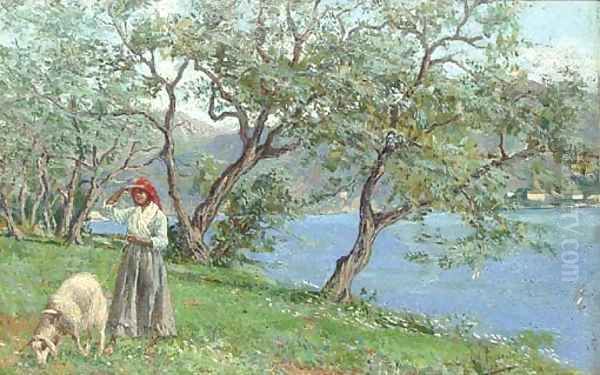 A shepherdess by the edge of an Italian lake Oil Painting by Ettore Ximenes