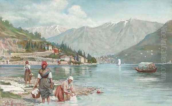 Washerwomen at the edge of an Italian lake Oil Painting by Ettore Ximenes