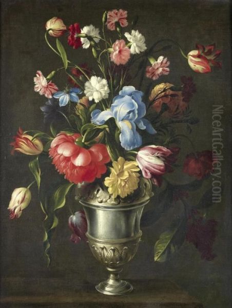 An Iris, A Peony, Love-in-a-mist, Tulips, Pinks And Other Flowers In A Silver Urn Oil Painting by Giovanni Stanchi