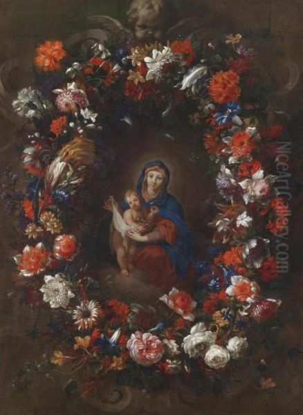 The Virgin And Child In A Wreath Of Flowers Oil Painting by Giovanni Stanchi