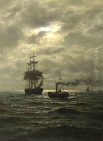 Tug and three-master in moonlight Oil Painting by Wilhelm Xylander