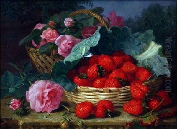 Still Life Study Of Roses And Strawberries In Baskets Oil Painting by Eloise Harriet Stannard