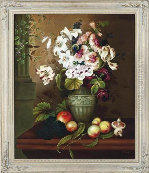 Tulips, Lilies, Roses And Pansies On A Ledge With Mushrooms, Grapes And Peaches Oil Painting by Edwin Steele