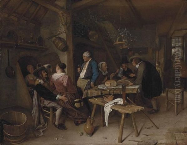 A Tavern Interior Oil Painting by Jan Steen