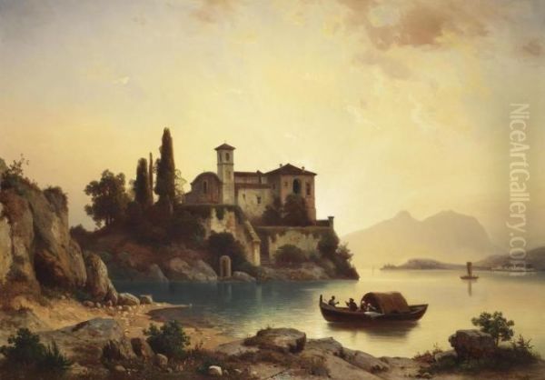 Landscape In Upper Italy With Lake Oil Painting by Heinrich Steinike