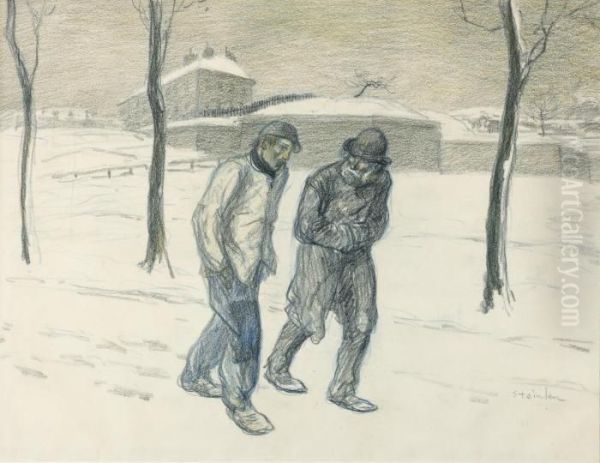 Deux Vagabonds Marchand Dans La Neige Oil Painting by Theophile Alexandre Steinlen