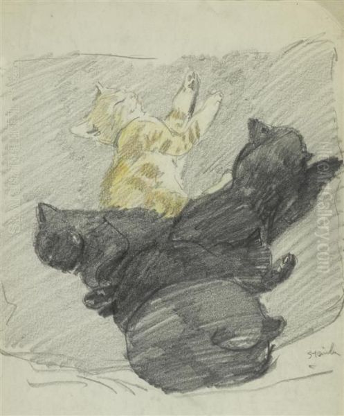 Five Sleeping Cats Oil Painting by Theophile Alexandre Steinlen