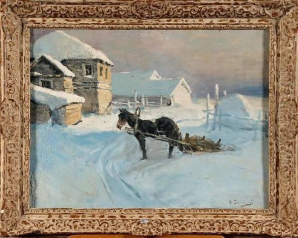 Village Russe Sous La Neige Oil Painting by Aleksi Stepanovich Stepanov