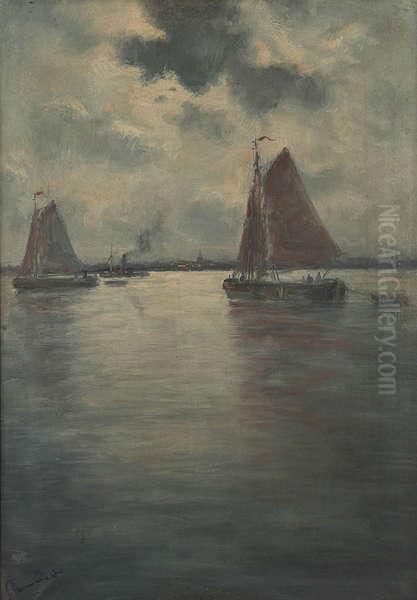 Zeilboten Op De Schelde Met Dorp Aan De Oever Oil Painting by Romain Steppe