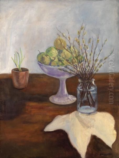 Pussy Willow In A Jar Oil Painting by David Petrovich Sterenberg