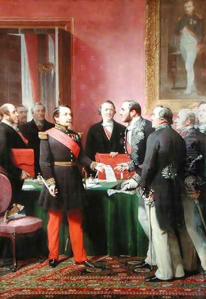 Napoleon III (1808-73) Hands Over The Decree allowing the Annexation of the Suburban Communes of Paris to Baron Georges Haussmann (1809-91) in June 1859 Oil Painting by Adolphe Yvon