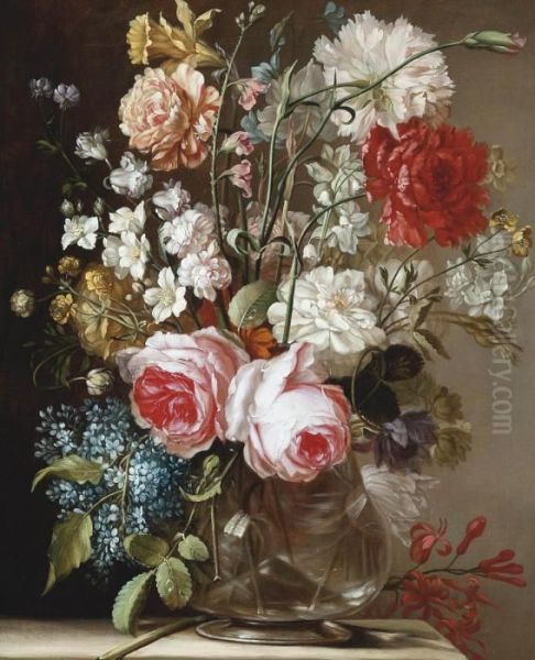 Roses, Narcissi And Other Flowers In A Vase On A Stone Plinth Oil Painting by Ludovico Stern